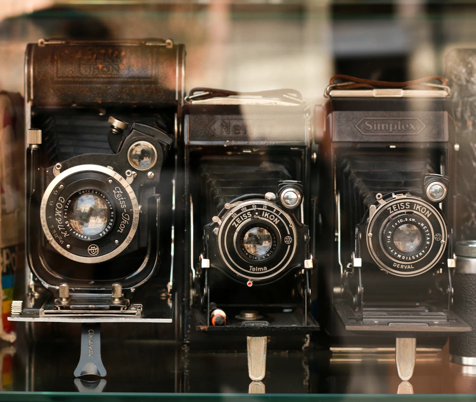 Three vintage folding cameras lined up in a glass display case