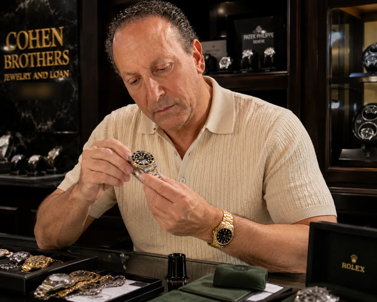 Scott Cohen at the counter inspecting a two-tone watch, a tray of watches in front of him and the Cohen Brothers sign behind