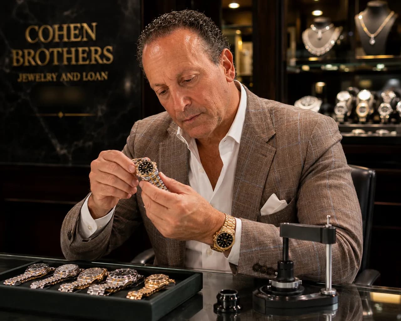 Scott Cohen in a sport coat examining a watch bracelet over a case of gold and steel watches